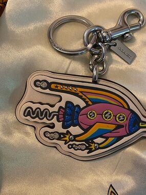Coach Cream Leather  cosmic Keychain with Silver Hardware